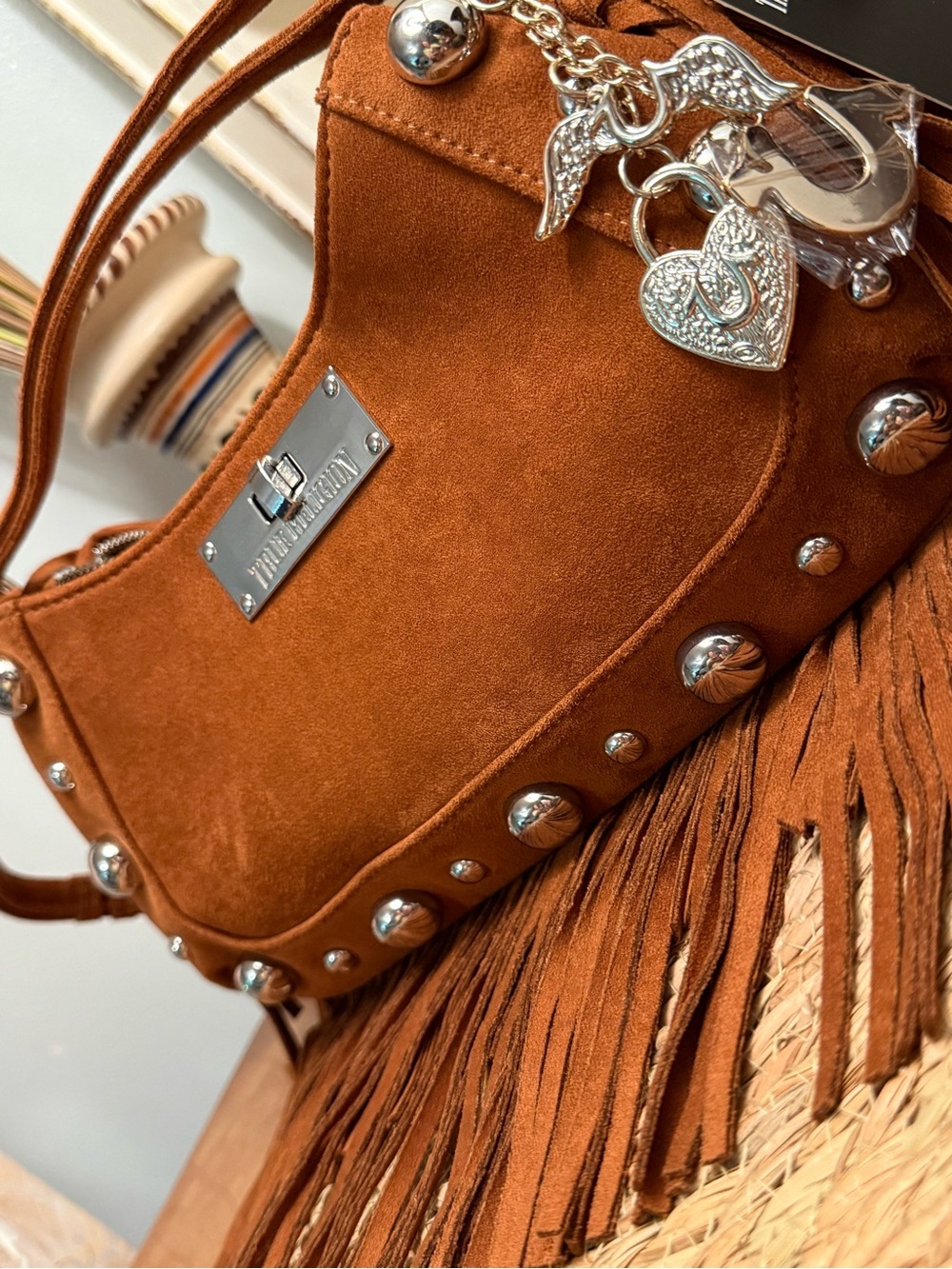 True Religion Rust Brown Suede Fringe Shoulder Bag with Studs - Picture 6 of 13